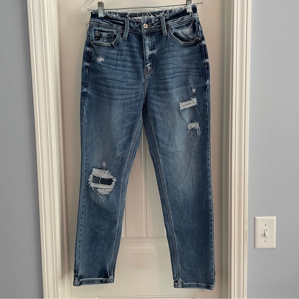 KanCan 7 / 27 High Rise Straight Mom Jeans ~ Distressed Frayed Waist Ankle